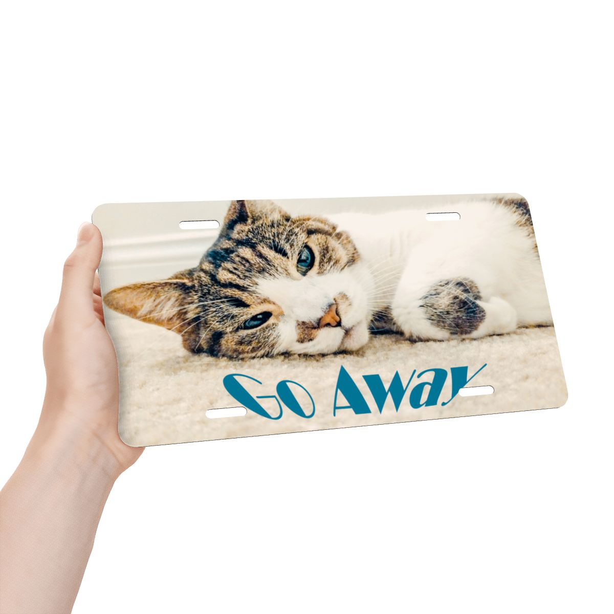 Sleepy Cat says Go Away Aluminum License Plate (Made in USA)