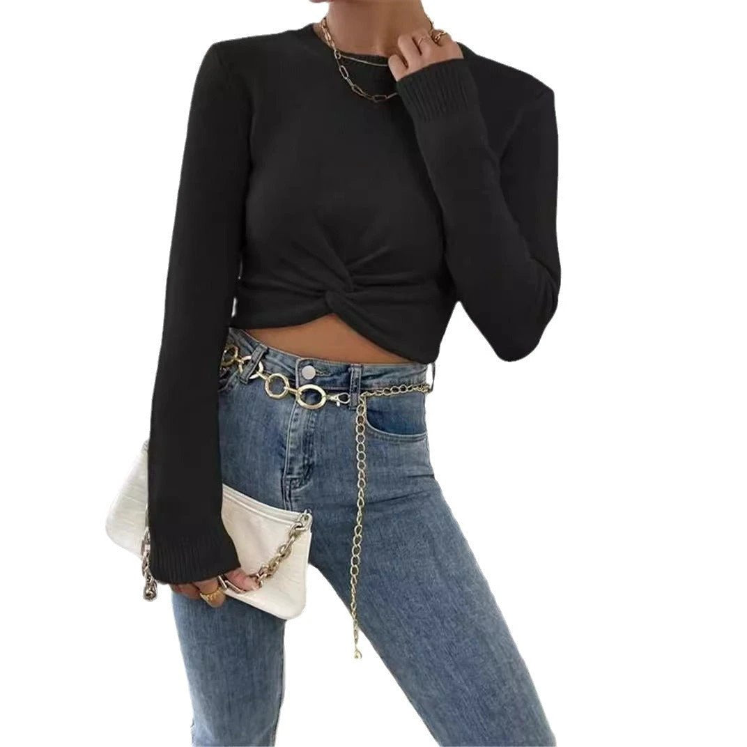 Round Neck Design Cross Knitted Top Sweater For Women