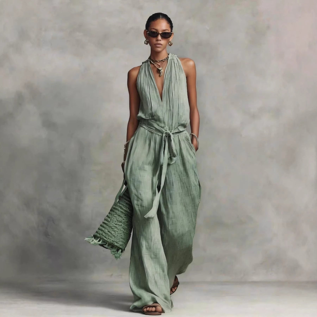 Women's Casual Belted Sleeveless Cotton-blend Jumpsuit
