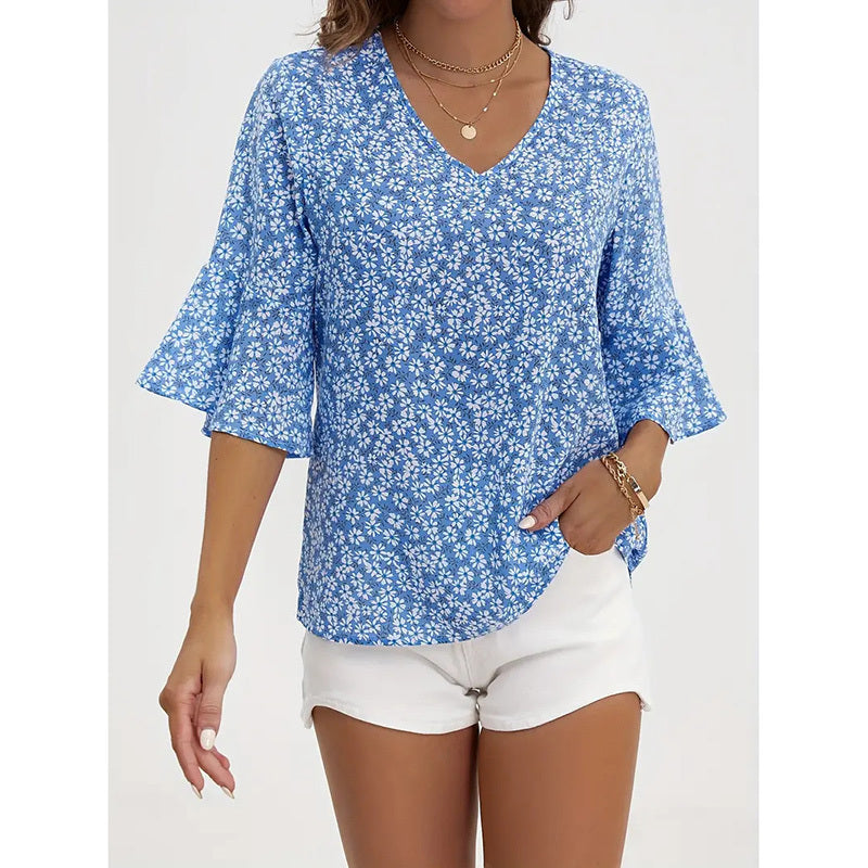 Blusas de verano con estampado floral y cuello en V para mujer con manga acampanada