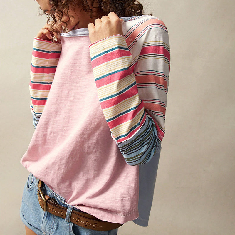 Camiseta de manga larga a rayas y cuello redondo para mujer