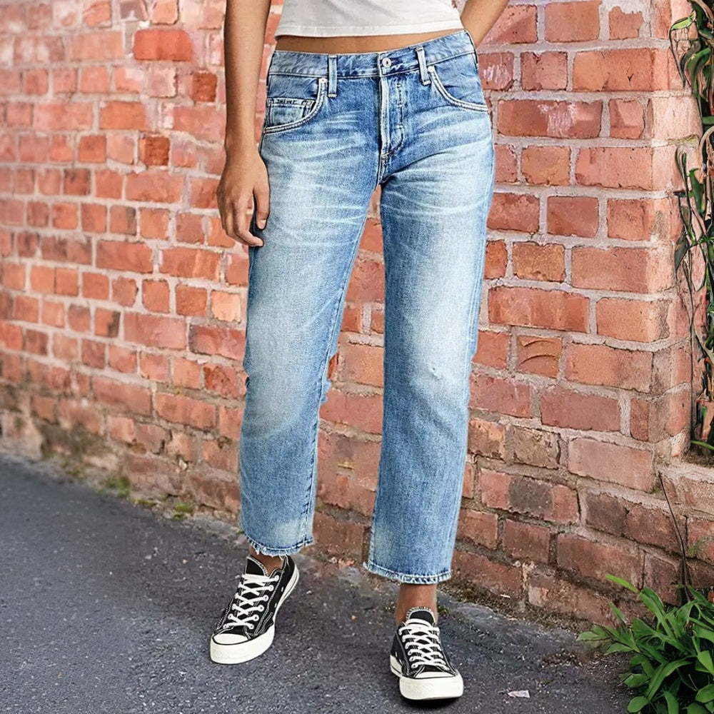 Pantalones Vaqueros Boyfriend de Tiro Bajo y Cortos para Mujer, Vaqueros de Pierna Recta de Corte Holgado con Bajo Deshilachado, Pantalones Casuales de Lavado Claro. Ver tabla de tallas en "más detalles".