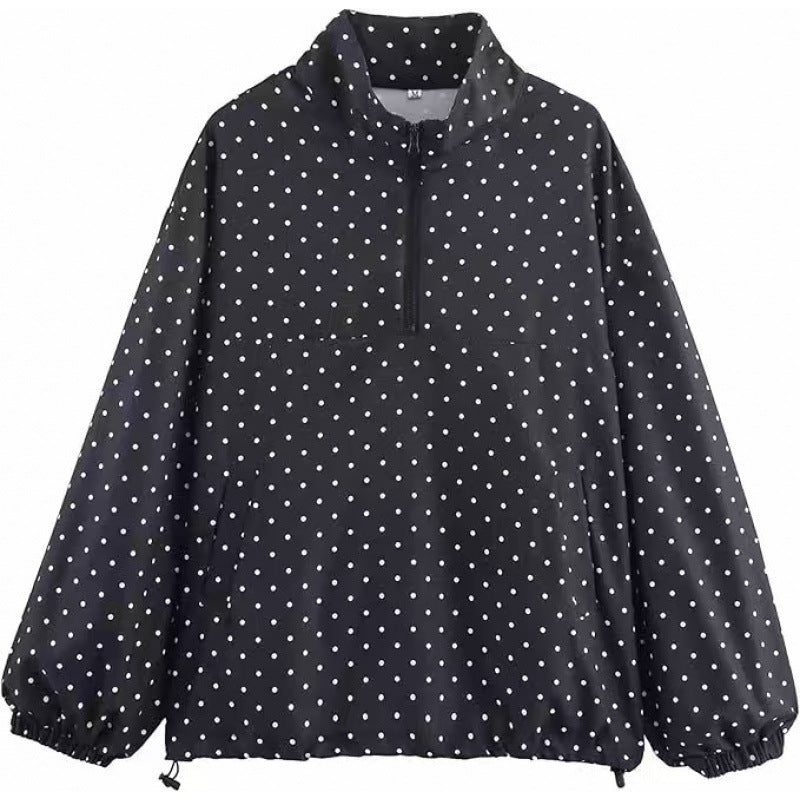 Fashionable Polka-dot Half-zip Loose-fit Hoodie Jacket