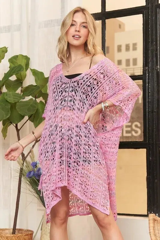 Women's Beach Cover-Up Tunic Crochet Tunic Top - Sheer High-Low Openwork - Summer Beach Cover-Up