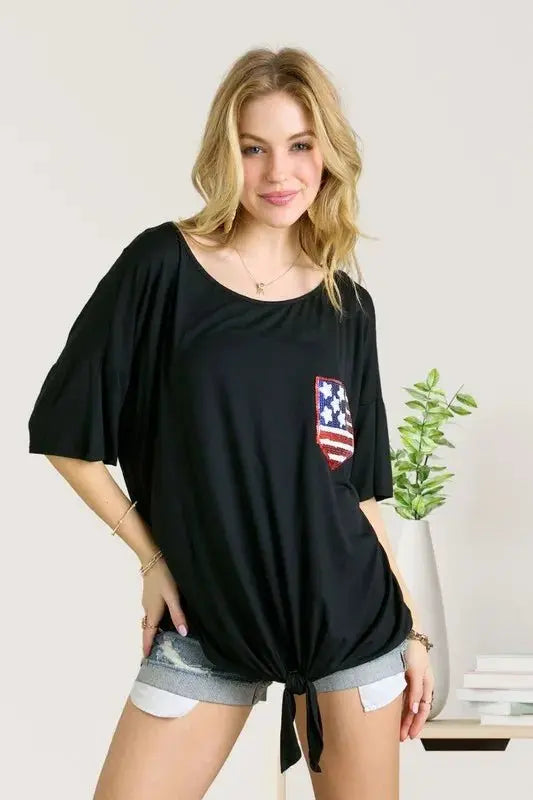 Women's Sequin Top by Trendsi - Patriotic Flag Pockets