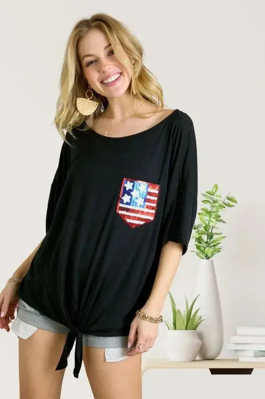 Women's Sequin Top by Trendsi - Patriotic Flag Pockets