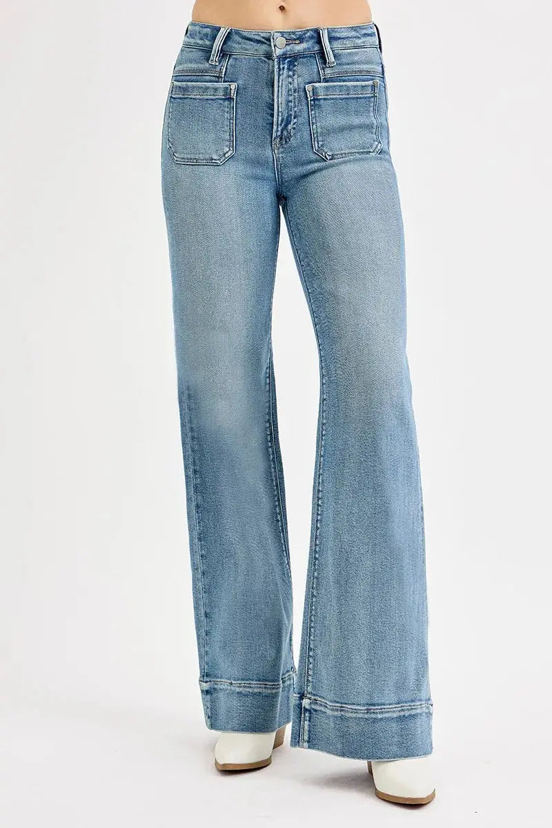 Women's Plus Size Jeans Jeans - High Rise Plus Size Patch Pocket - Wide Flare Denim
