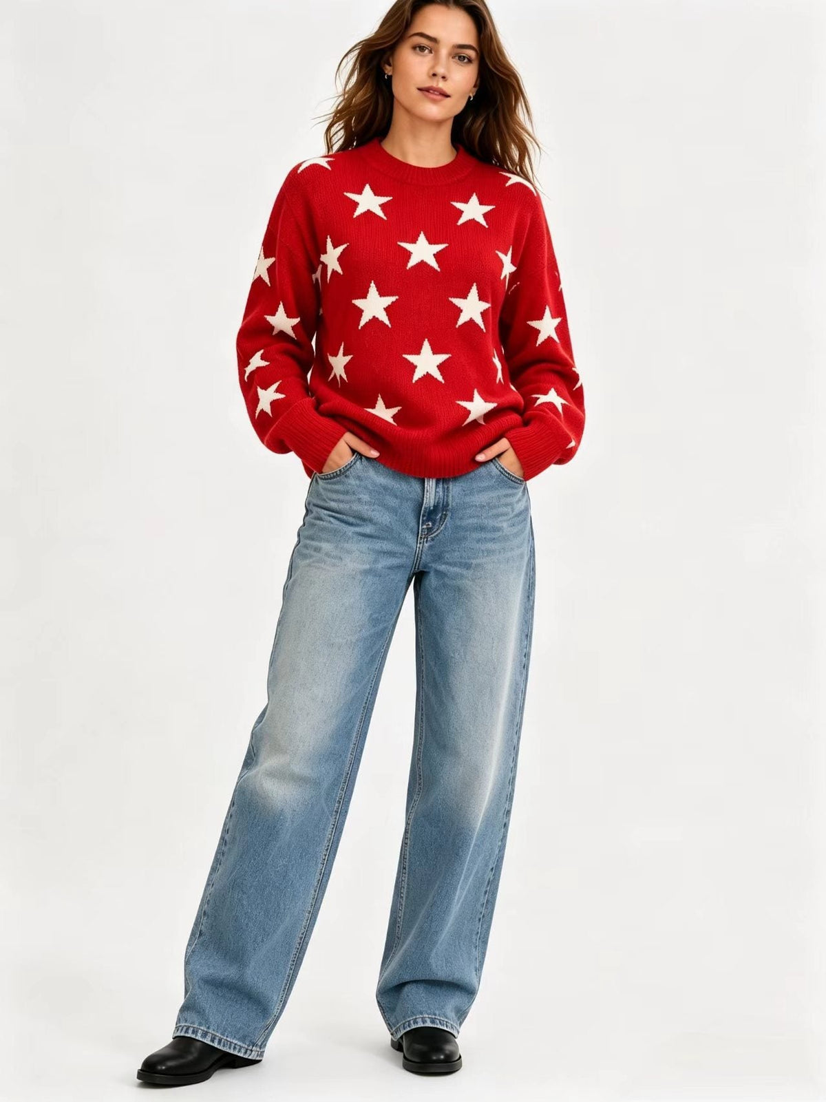 Womens Retro American-Style Star Jacquard Crew-Neck Sweater