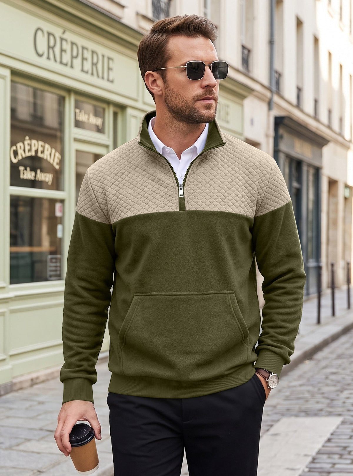 Cross Border American Men's Waffle Casual Stand Collar Zipper Pullover Small Square Long Sleeve Sweater TK Rhombus Jacket