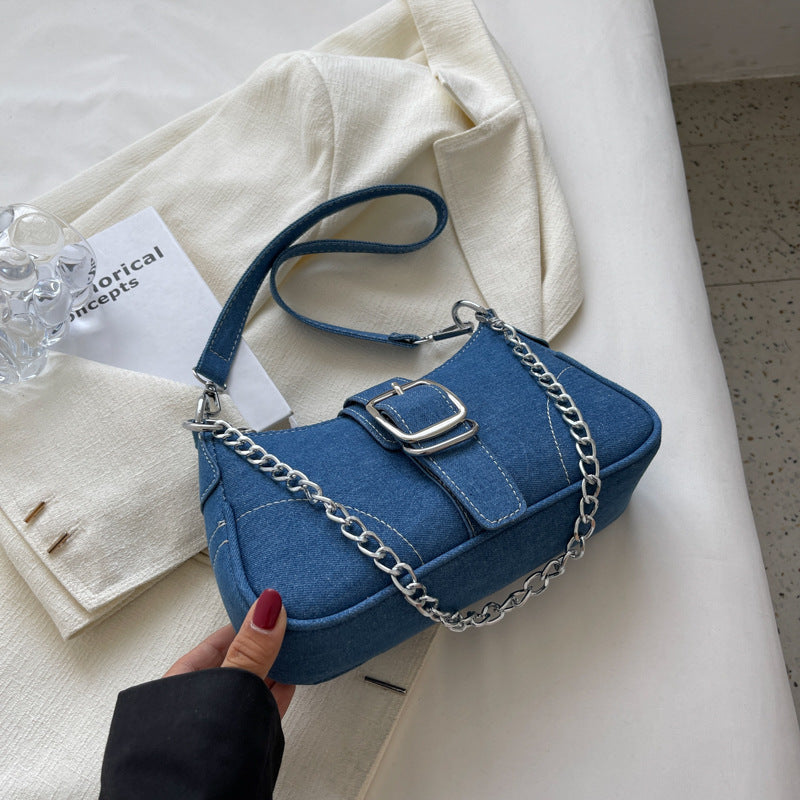 Women's Denim Crossbody Bag with Chain Detail