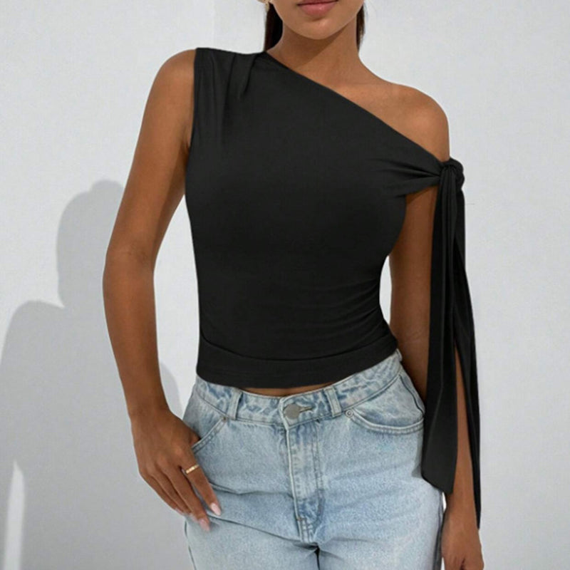 Top asimétrico con lazo en un hombro para mujer – Camisa para salir y fiesta