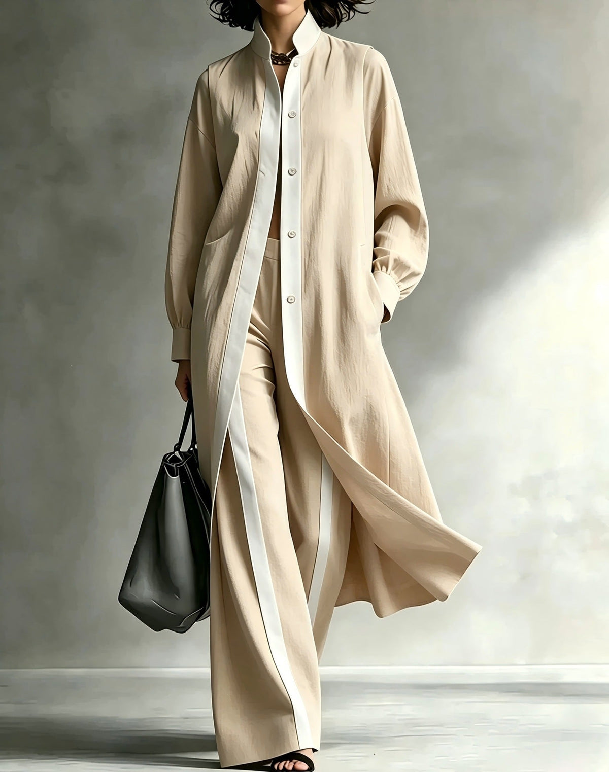 Womens Color-Block Loose-Fit Fashion Long-Sleeve Coat And Pants Set