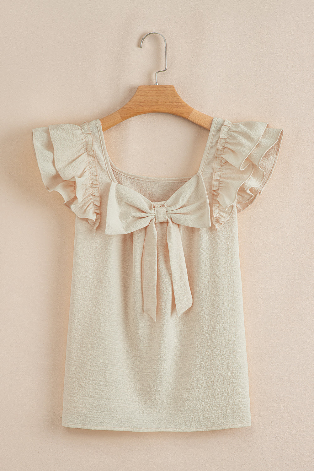 Blusa Fruncida con Mangas Mariposa, Nudo Lazo y Textura Beige