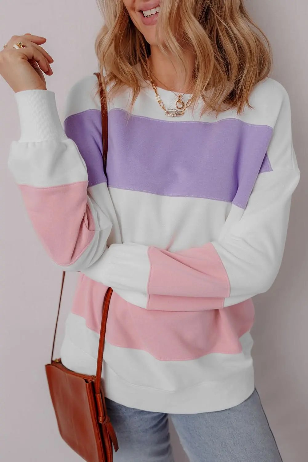 Love Salve Beige Colorblock Patchwork Drop Shoulder Crewneck