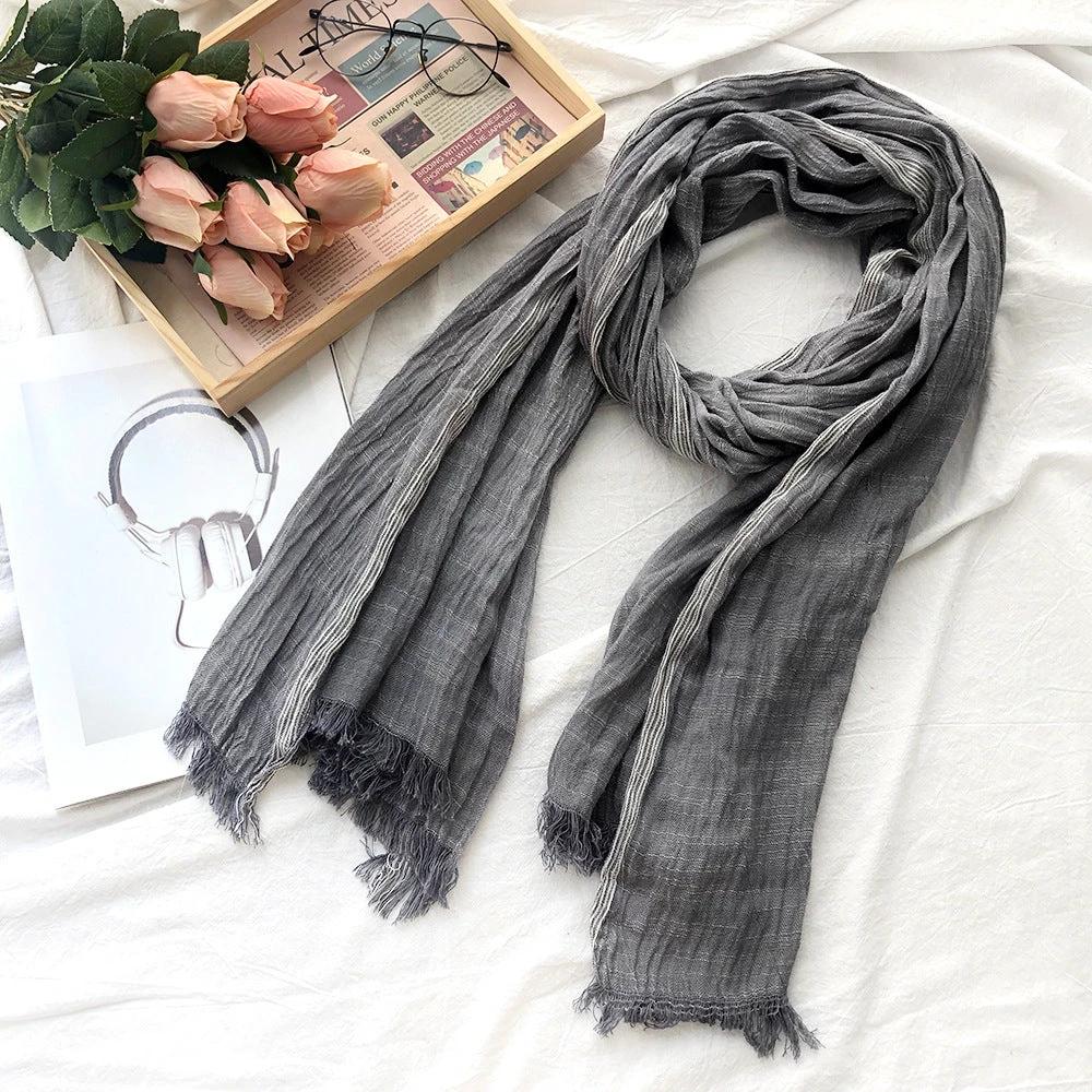 Thin Striped Solid Color Cotton And Linen Scarf