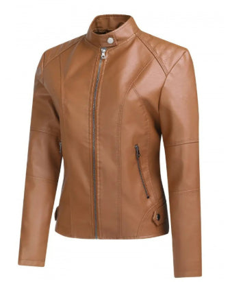 Women's Zip-up Leather Jackets Fashion Solid Color Pockets Stand Collar Top Outwear Clothing