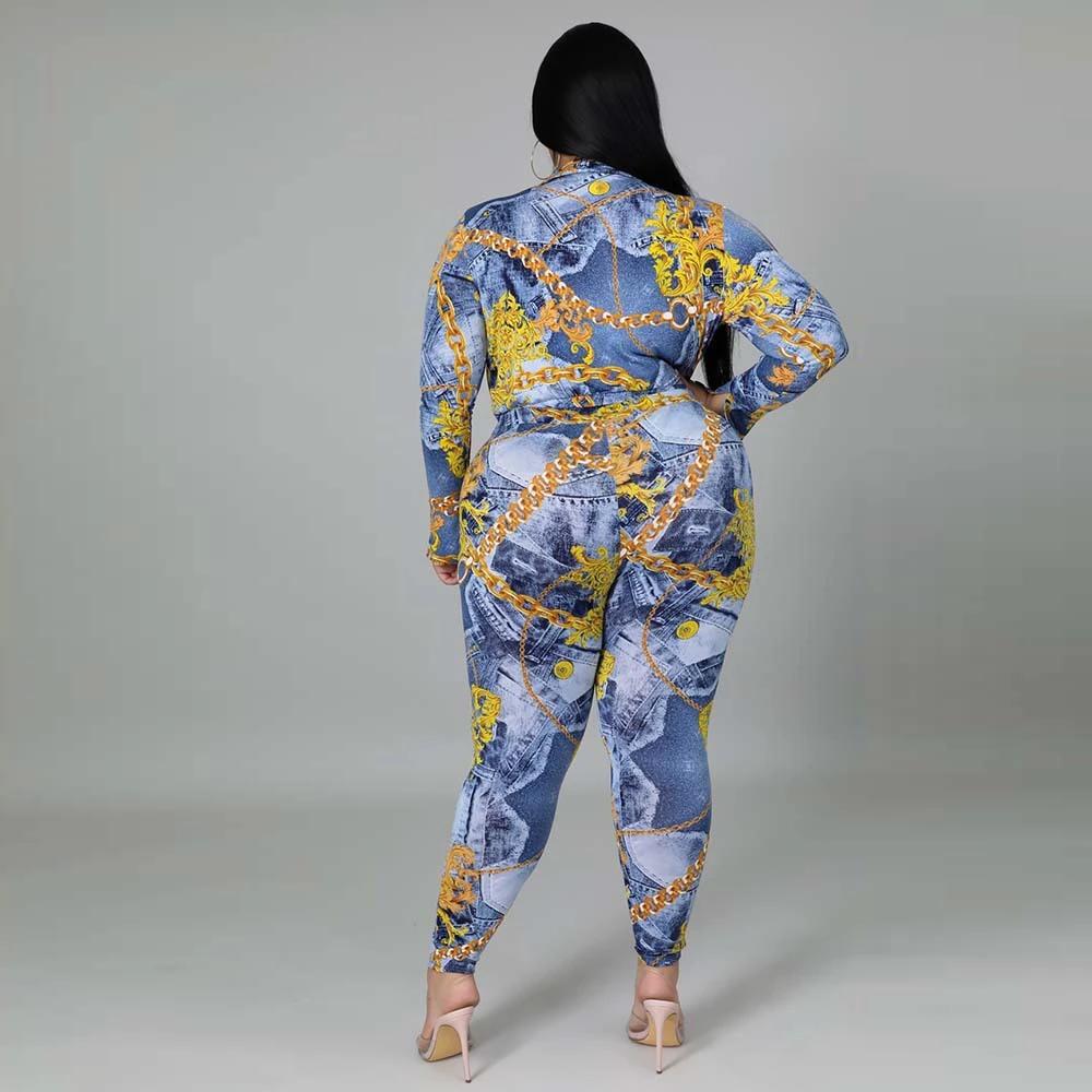 Plus Size Women's Autumn New Fashion V-neck Printed Shirt Trousers Suit