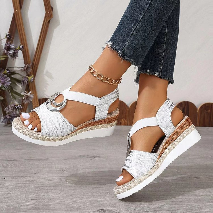 Women's Metal Buckle Hemp Rope Wedge Peep Sandals