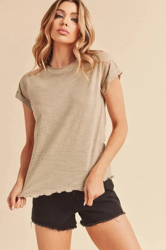 T-Shirts Trendsi Aemi + Co Lettuce Edge T-Shirt Oatmeal Small