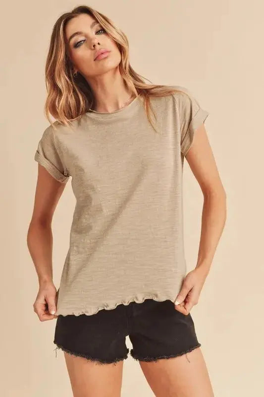 T-Shirts Trendsi Aemi + Co Lettuce Edge T-Shirt Oatmeal Small