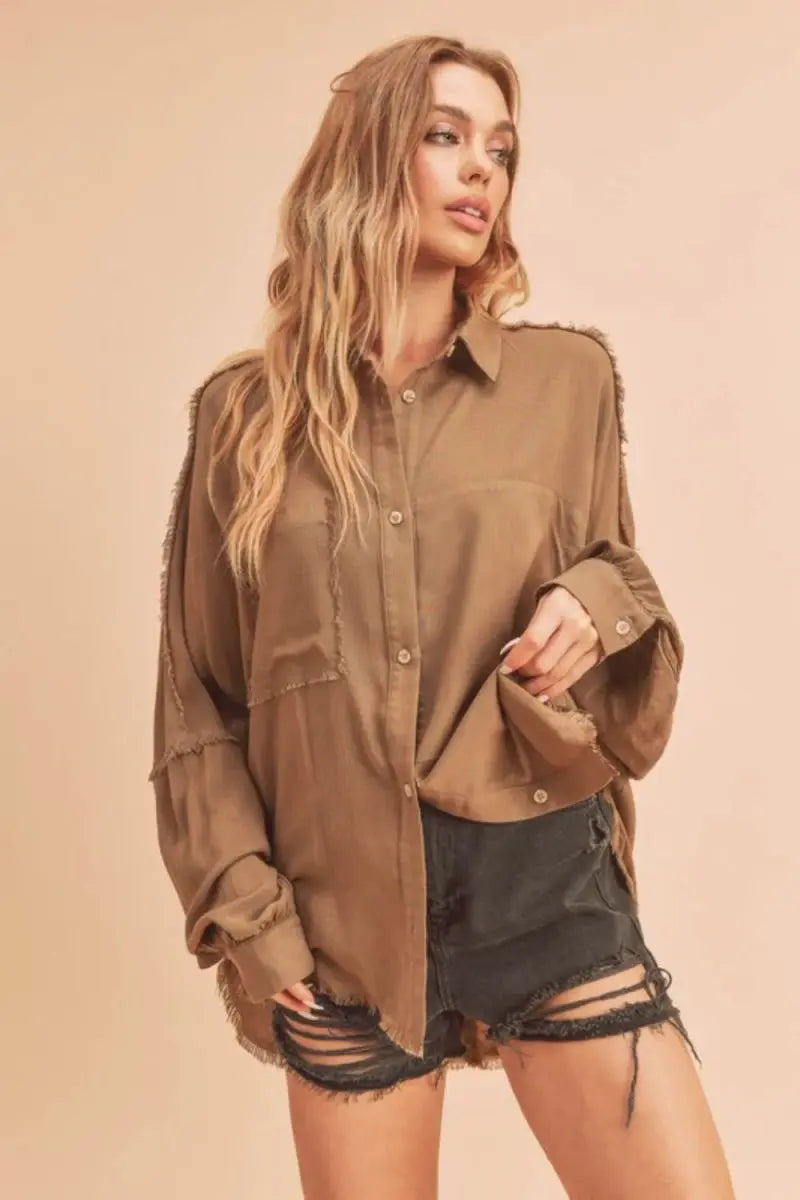 Shirts Trendsi Aemi + Co Raw Edge Collared Shirt Camel Medium