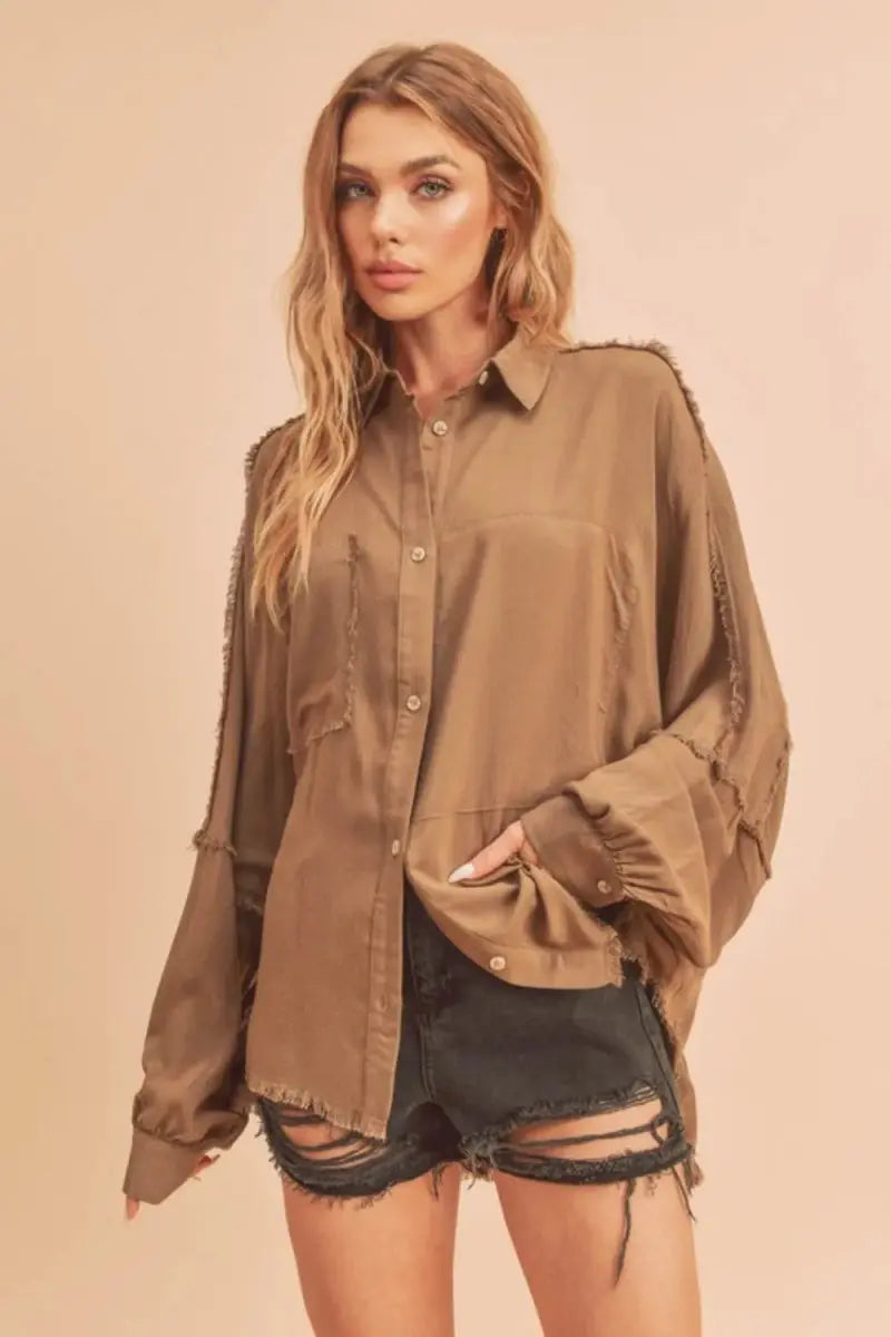 Shirts Trendsi Aemi + Co Raw Edge Collared Shirt Camel Medium