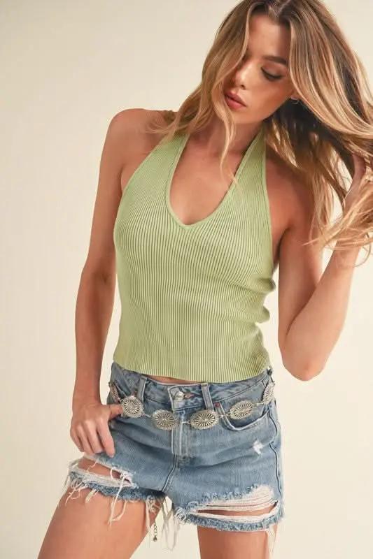 T-Shirts Trendsi Aemi + Co Ribbed Halter Cami - Sage - Small
