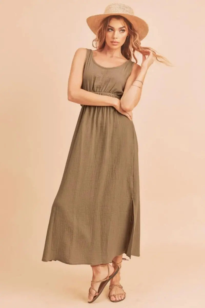 T-Shirts Trendsi Aemi + Co Side Slit Tank Dress Taupe Small