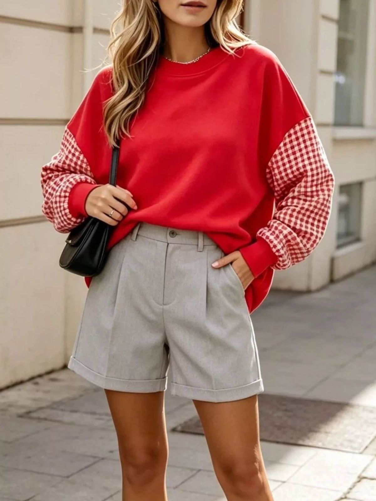 Contrast Gingham Long Sleeve Sweatshirt