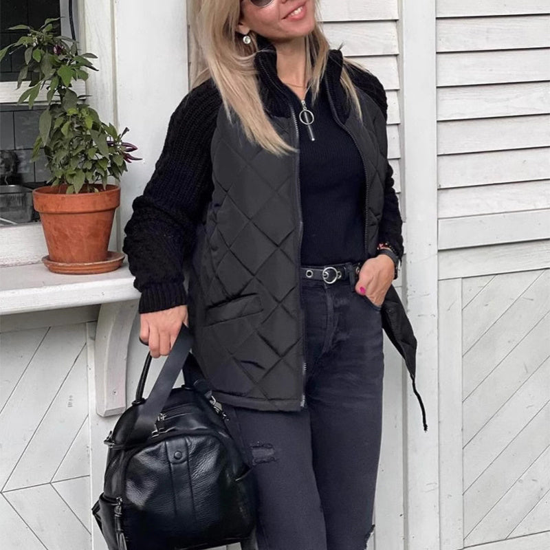 Winter Stand Collar Cotton Jacket With Pockets Fashion Knitted Stitching Zipper Coat Warm Tops For Women Clothing
