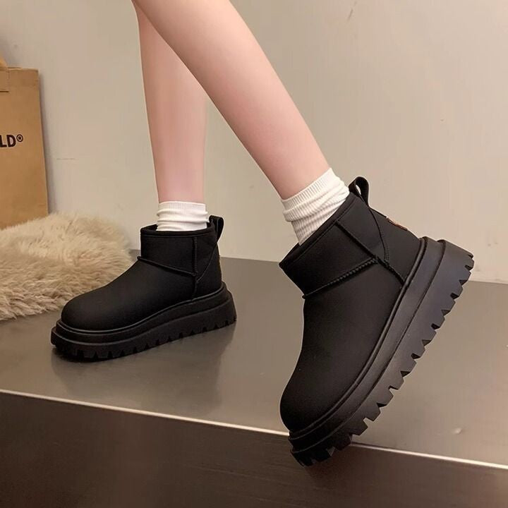 Women's Fleece-lined Thick Leather Waterproof Snow Boots