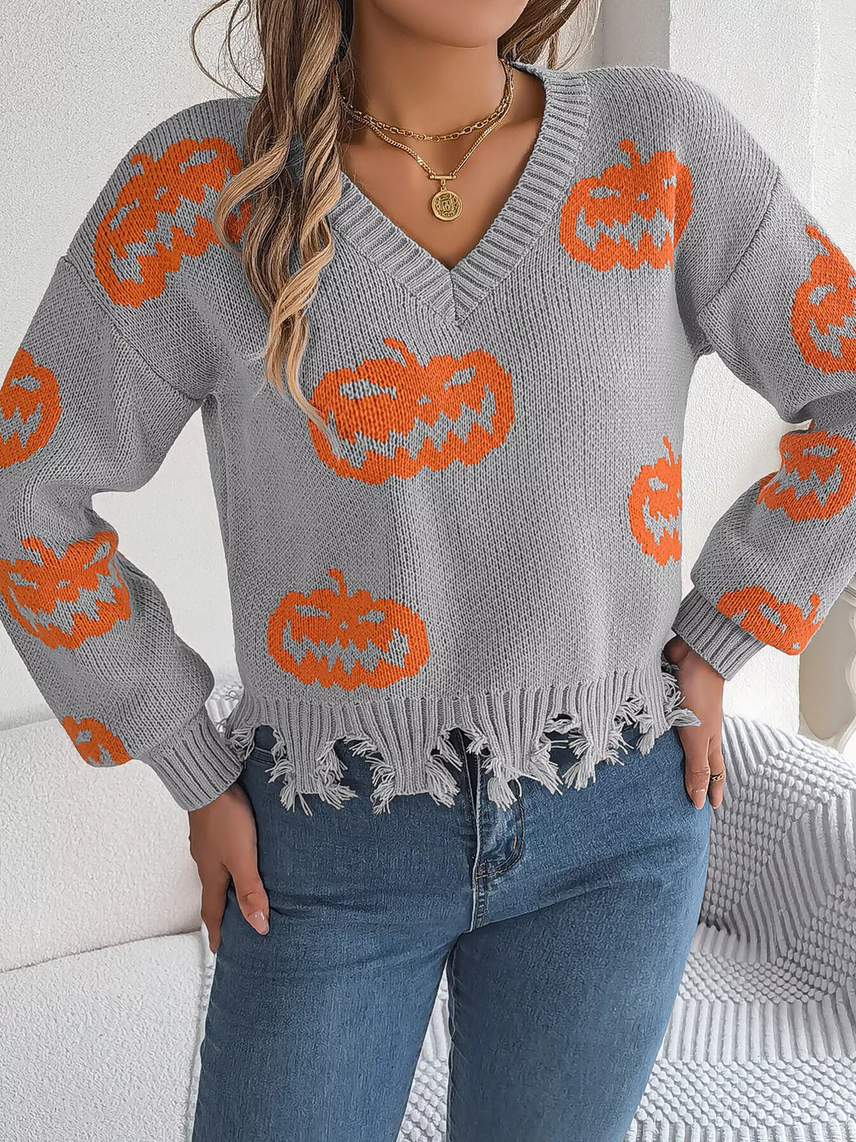 Halloween Pumpkin Pattern Raw Hem V-Neck Sweater