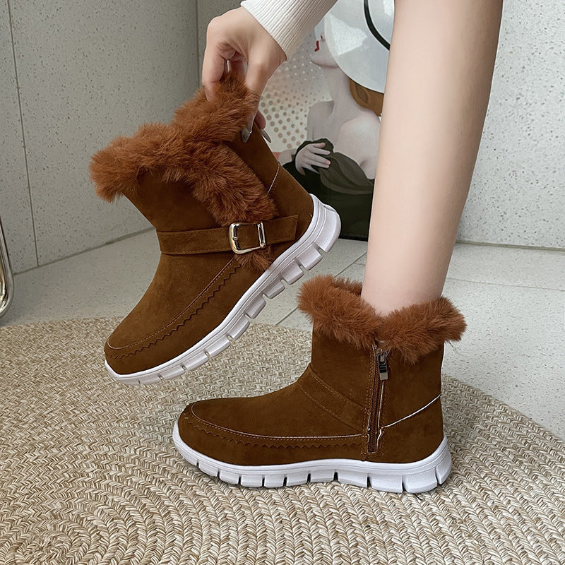 Botas de Nieve Nuevas Botines Gruesos Cálidos de Invierno de Color Sólido con Peluche y Diseño de Hebilla Zapatos Planos de Terciopelo para Mujer