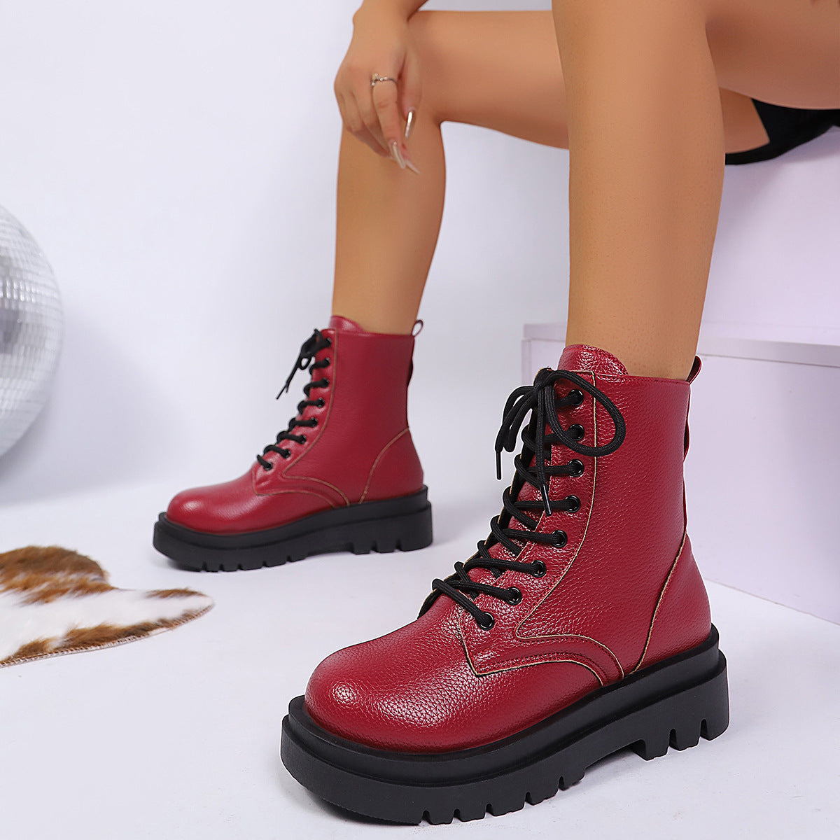 Botines de Mujer con Punta Redonda, Talla Grande, con Cordones y Suela Gruesa
