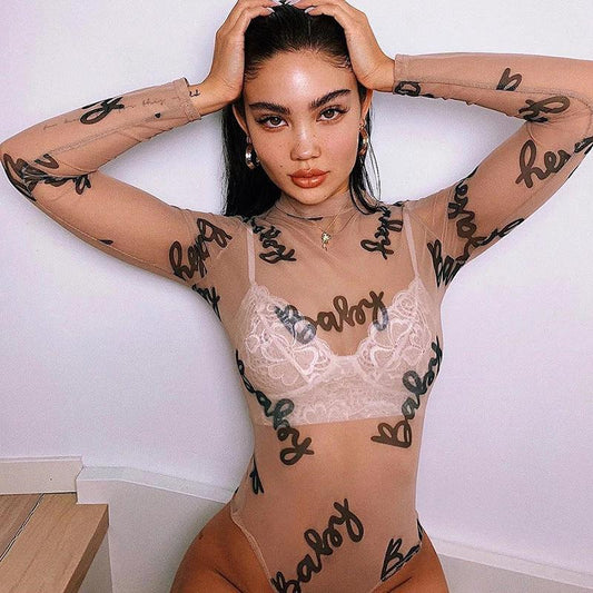 Body de malla de manga larga personalizado para mujer