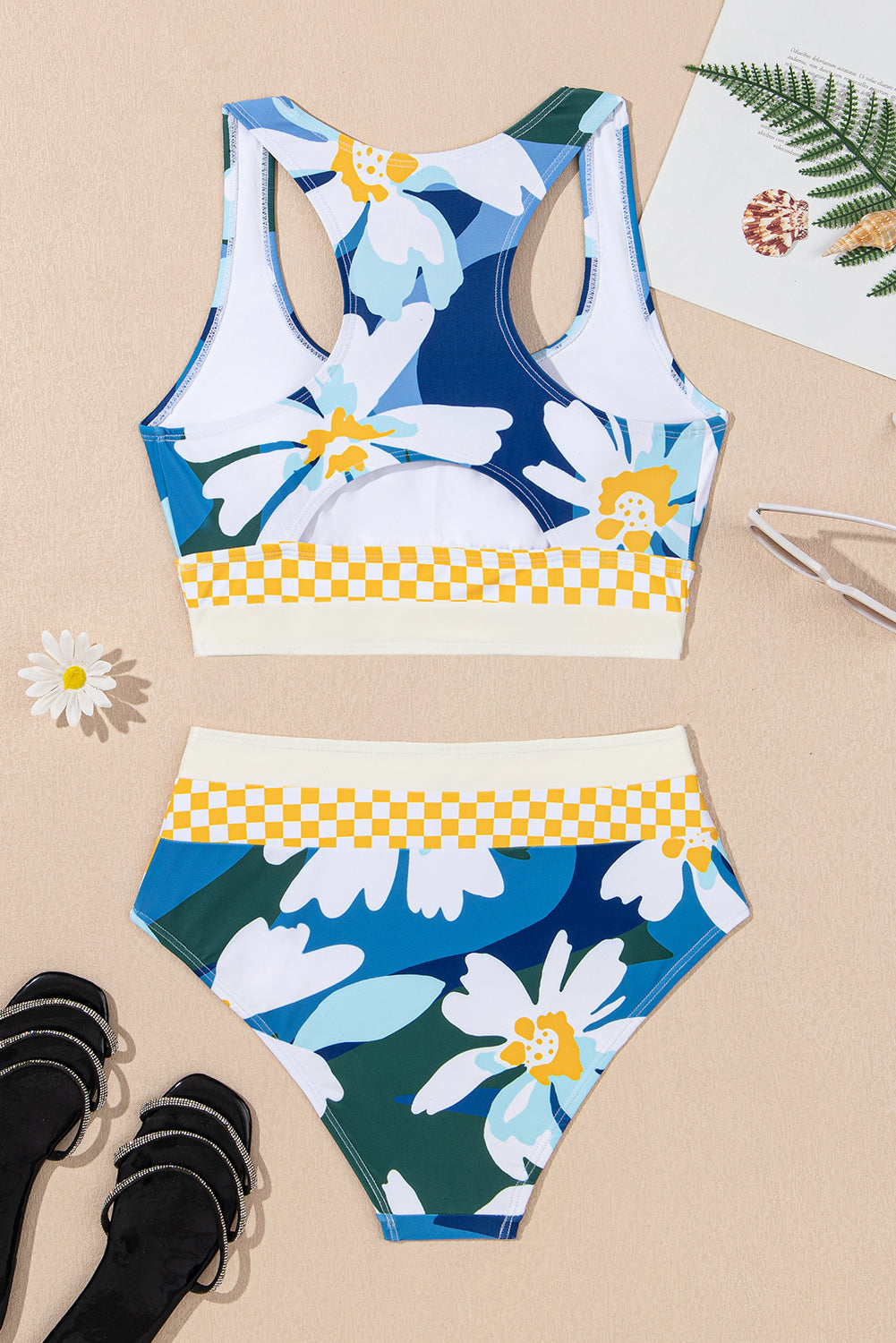 Bikini de Traje de Baño de Cintura Alta con Espalda Cruzada y Estampado Floral Verde