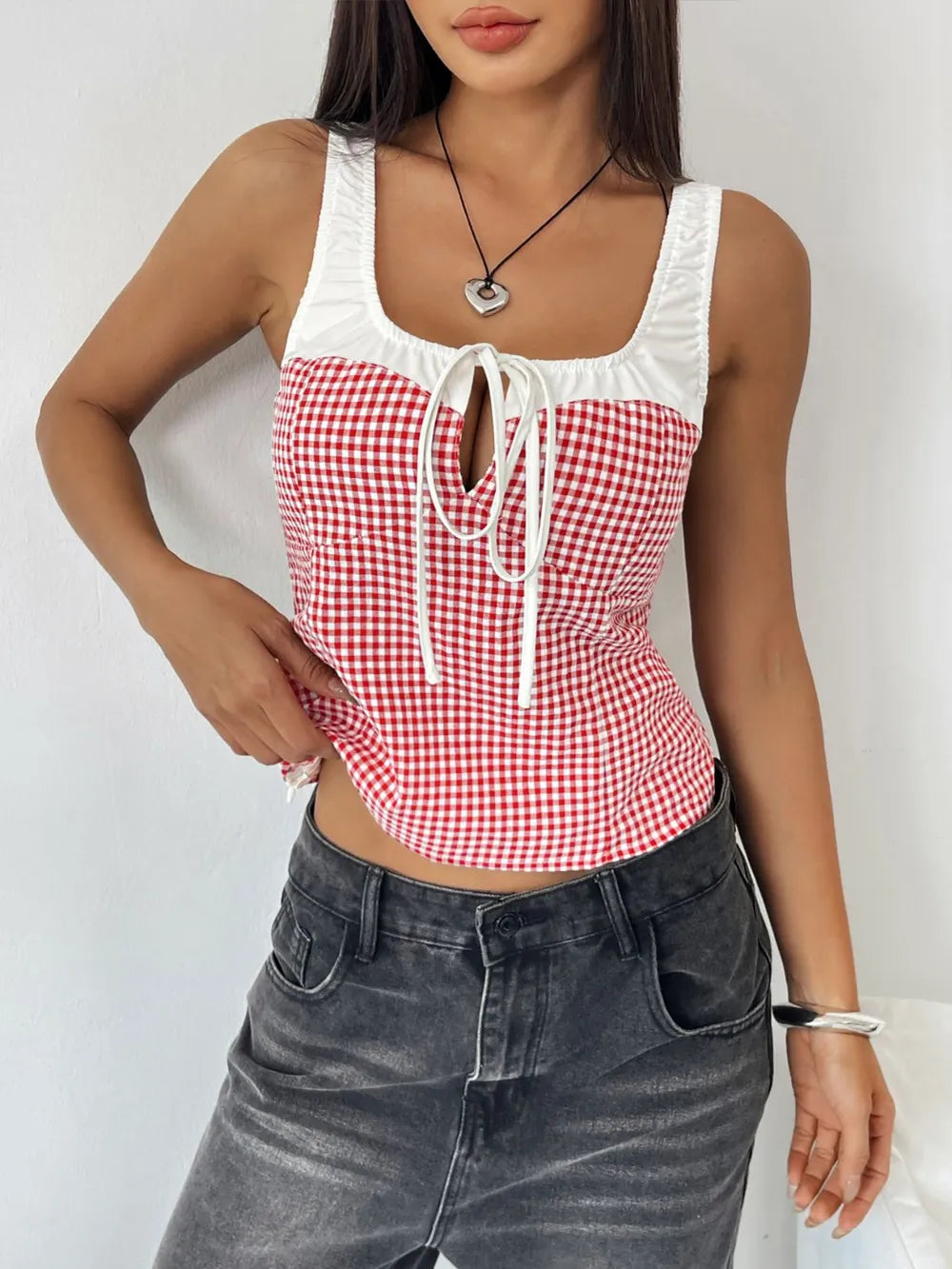 Contrast Plaid Square Neck Tank