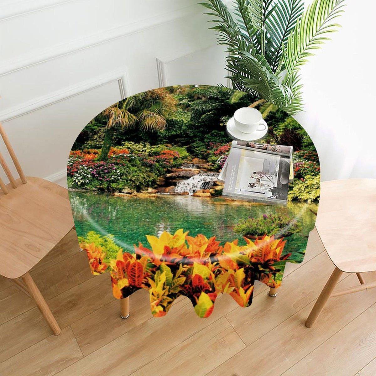 Serene Tropical Garden and Waterfall Round Tablecloth (One-sided Printing)
