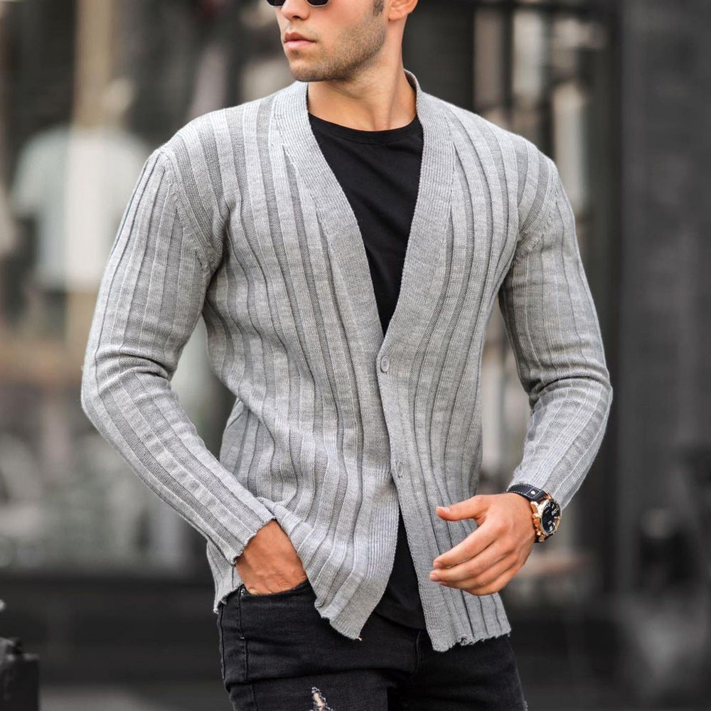 Cárdigan liso de color para hombre estilo europeo y americano, suéter casual de punto con patrón de rayas verticales y corte ajustado