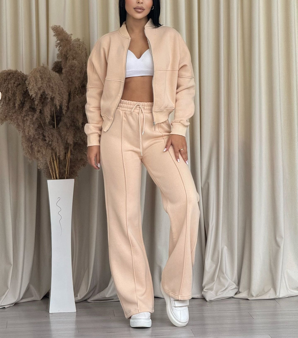 Women's Stand-Collar Zip Jacket & Wide-Leg Pants Set