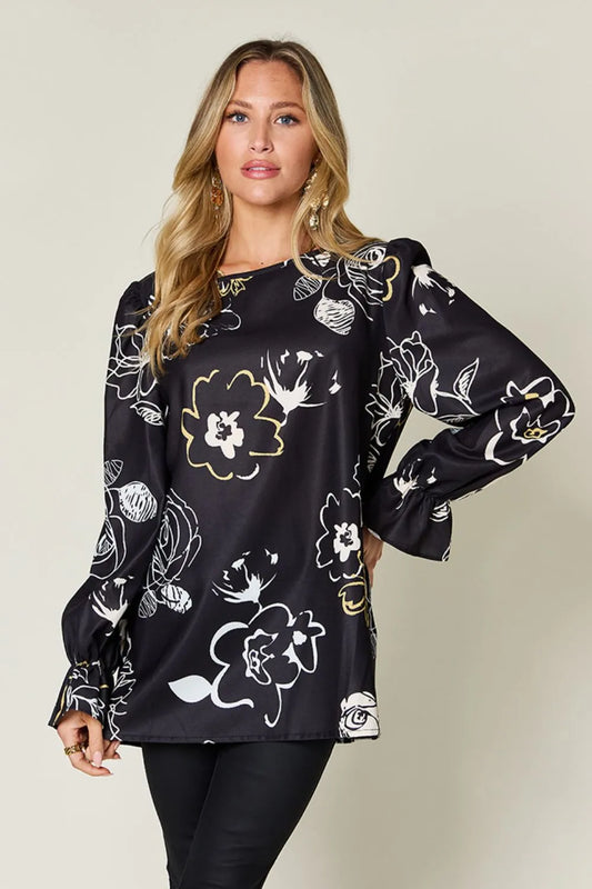 Blusa de manga con volante estampada de talla completa Double Take