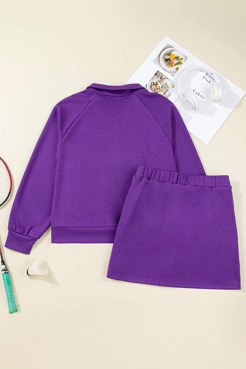 Conjunto de 2 piezas de falda y suéter con media cremallera y cuello, talla grande, diseño de glicinia