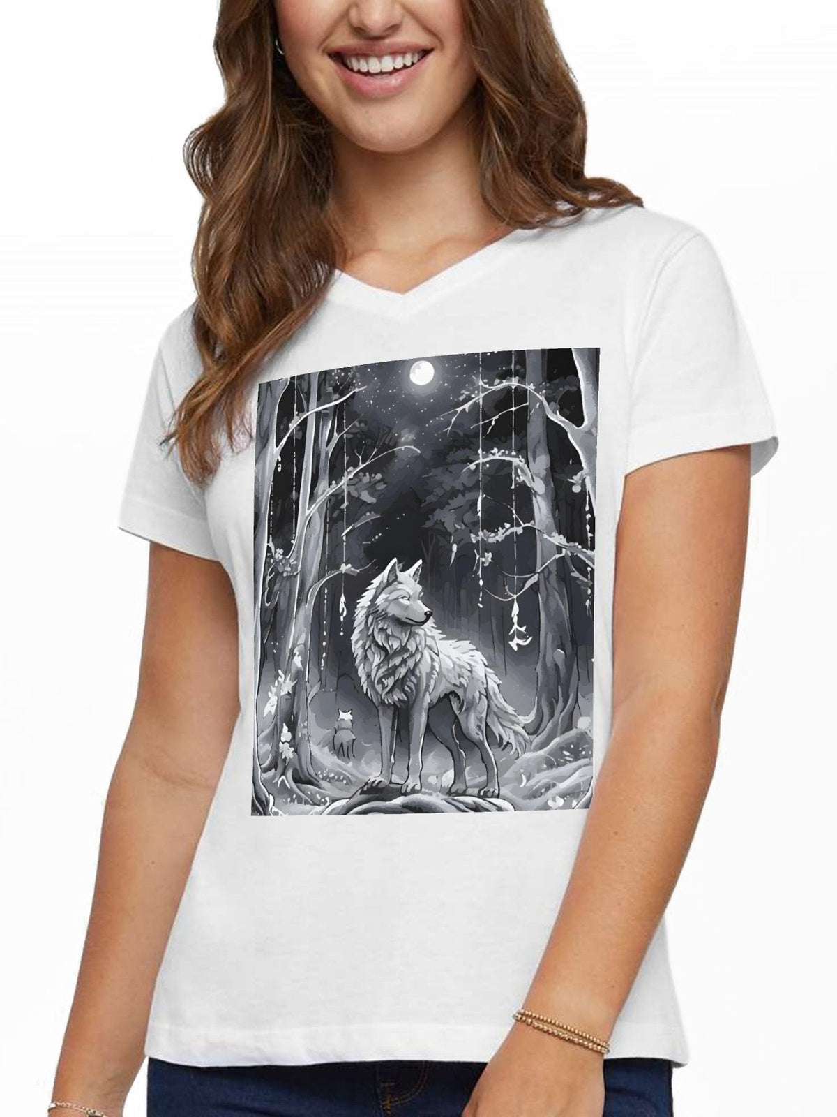 Ethereal Wolf in the Moonlight Cotton V-neck T-shirt for Women (Front Printing)