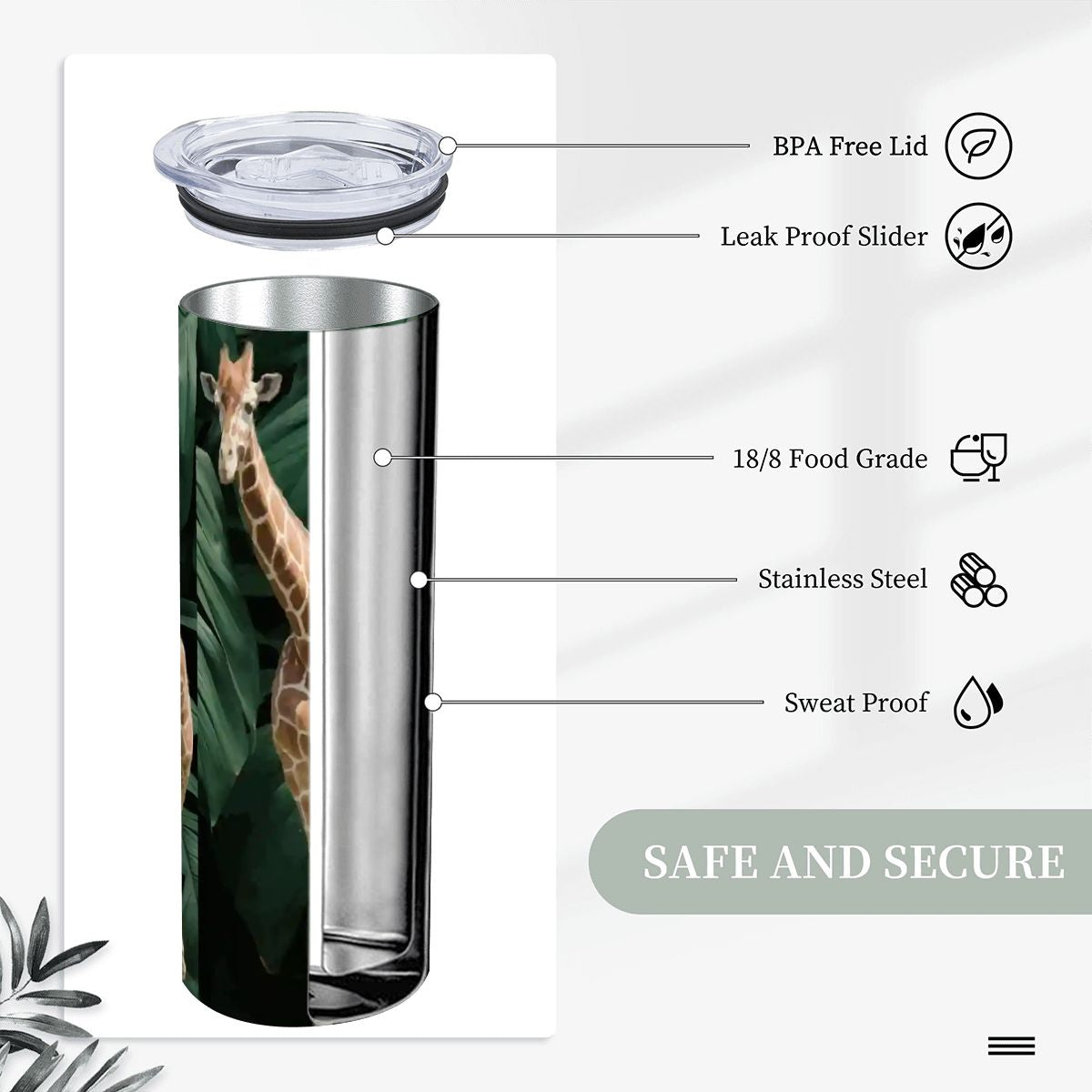 Tall Giraffe with Greenery 20oz Straight Stainless Steel Tumbler with Straw (Made in USA)
