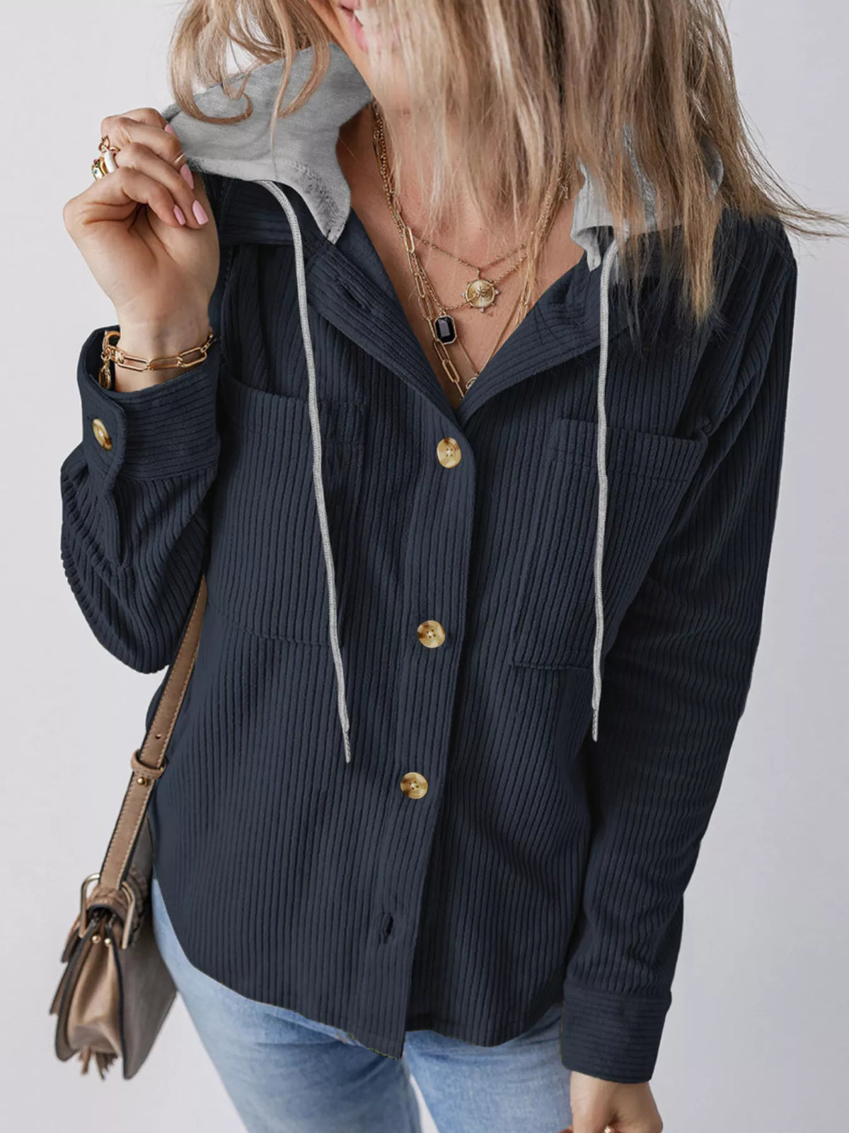 Plus Size Casual Corduroy Button-Down Hooded Jacket