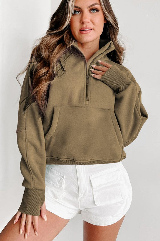 Sudadera de cuello medio con cremallera y forro polar liso