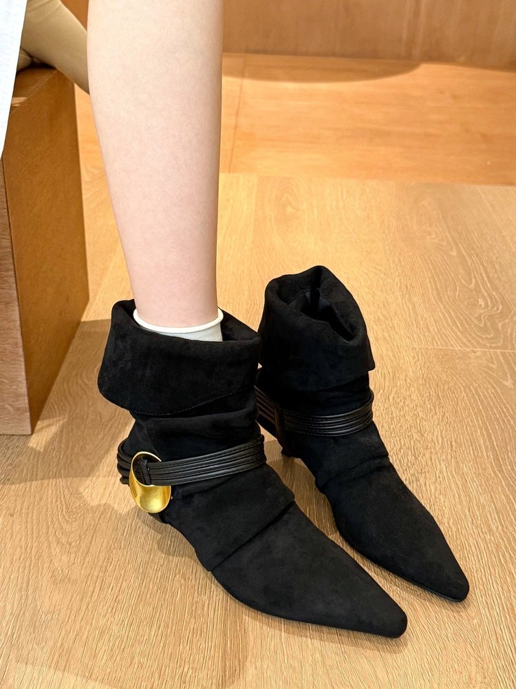 Women's Pointed Toe Wrinkled Band Slouch Boots New Vintage Suede Cuff Metal Buckle Fashion Ankle Boots