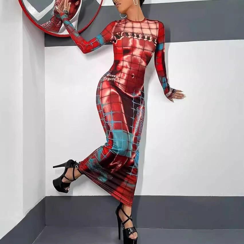 Fashion Women's Printed Wear Long Sleeve Narrow Dress
