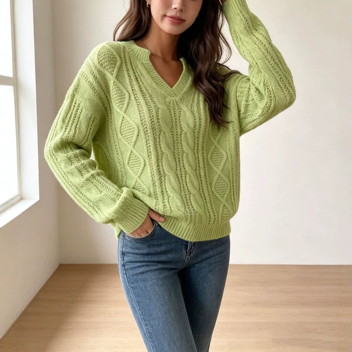 Women's Fashion Cable-knit Sweater With A Half-placket Neckline