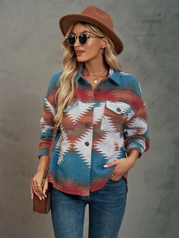 Geometric Pattern Cropped Loose Lapel Pocket Jacket